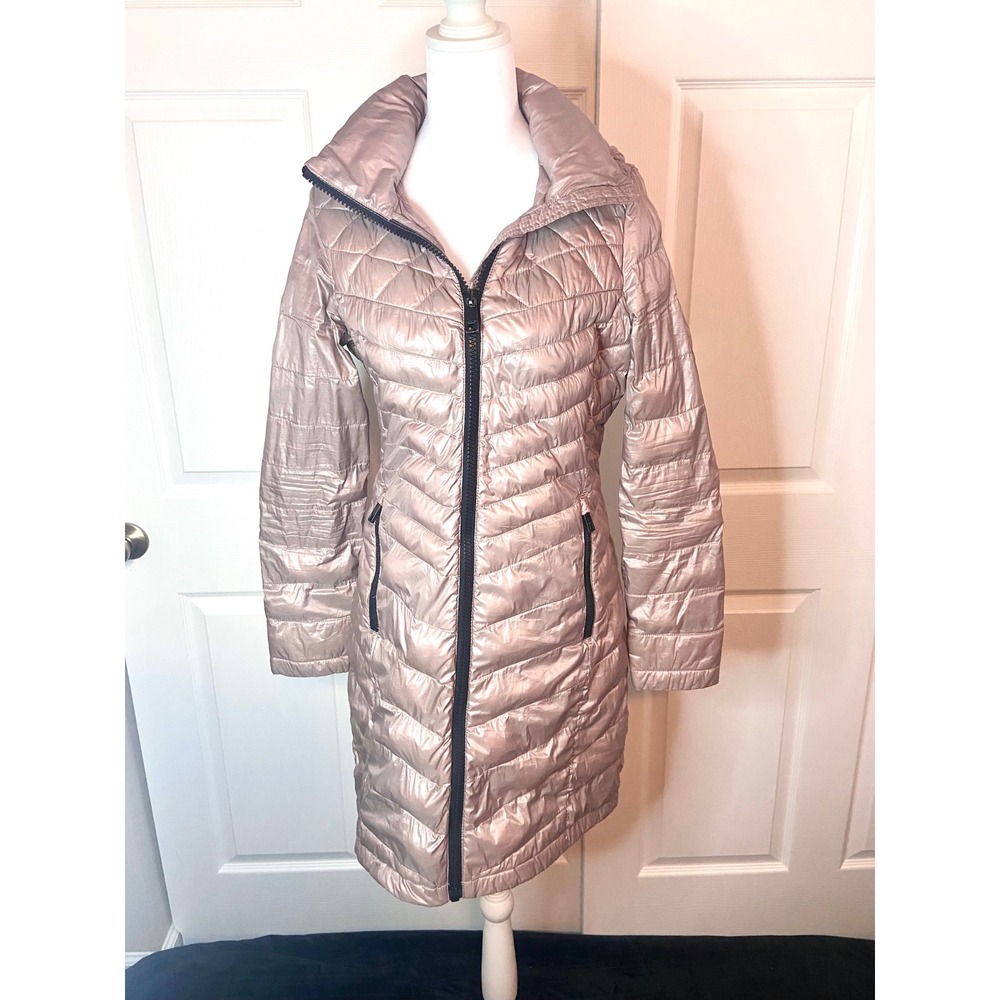 Calvin Klein Womens Metallic Packable Down Puffer Coat Rose Gold Long Jacket XS